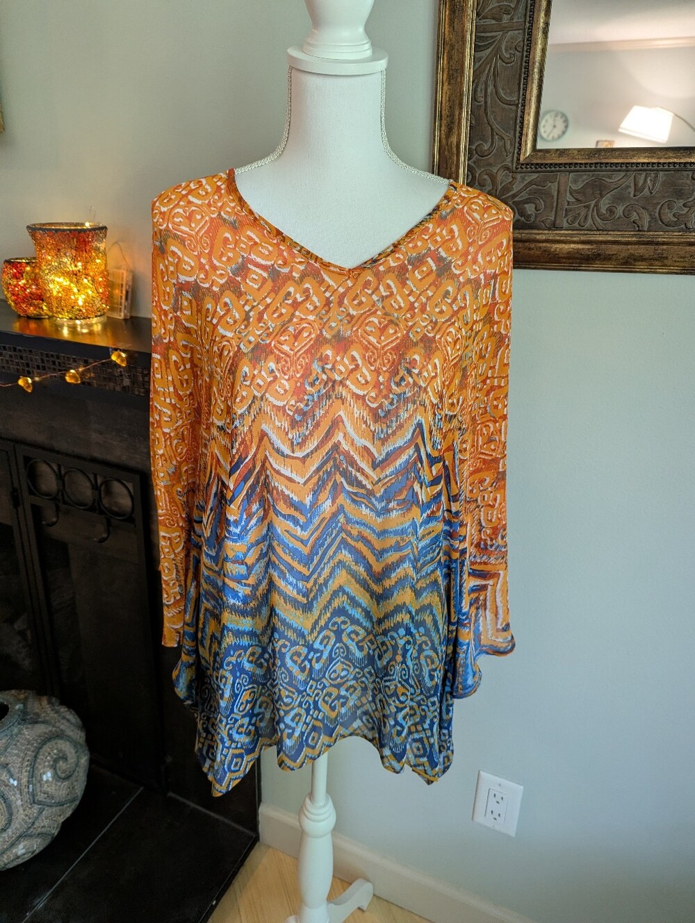 Belle By Kim Gravel Women's Medium Blouse Coverup Sheer V Neck Batwing Top